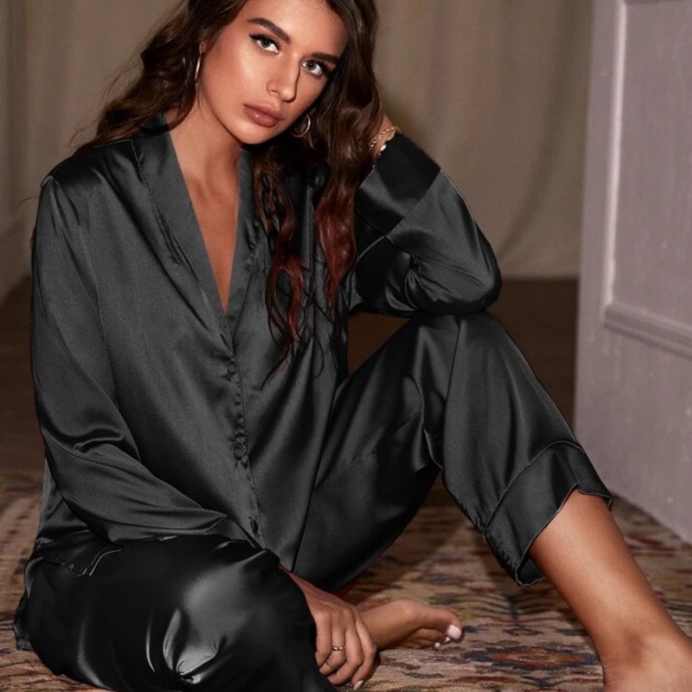 NWT SHEIN Black Satin Pajama Set